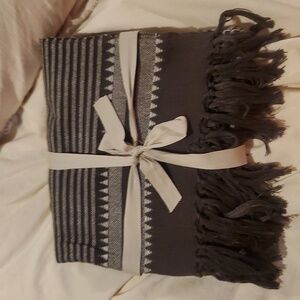 Arhaus Brown and White Textile Fringed Throw